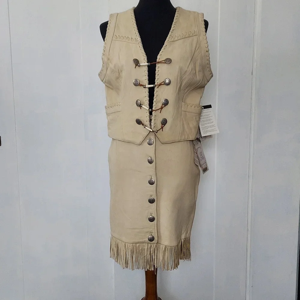 Pioneer Wear Vintage NOS Cream Leather Button Down Front Fringed A-Line Skirt‎